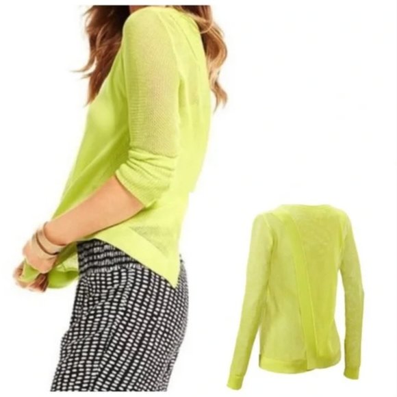 CAbi Split Back Mesh Knit Sleeve Crew Neck Lemon/Lime Sweater szS - Picture 5 of 14